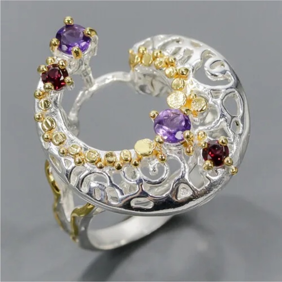 Celestial Galaxy Genuine Amethyst & Garnet Ring